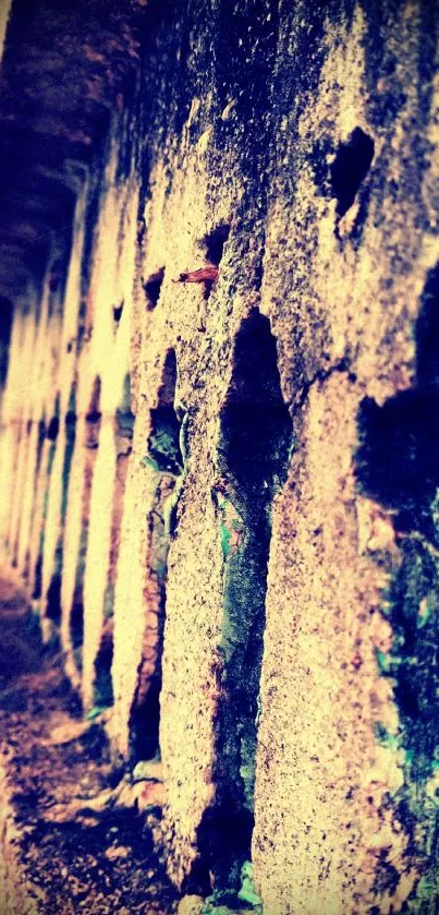 Aged rustic stone wall with shadows and textures, perfect for wallpaper.