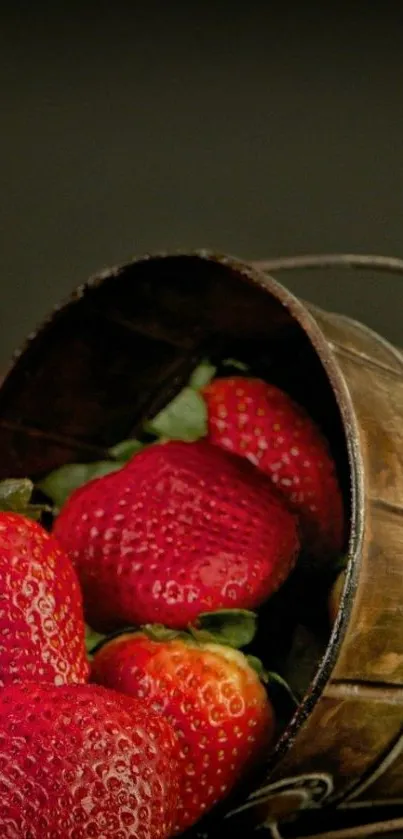 Rustic mobile wallpaper with strawberries in a wooden basket.