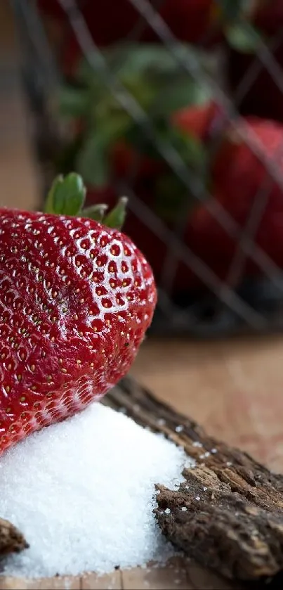 Strawberry on rustic wood with sugar, artistic mobile wallpaper.