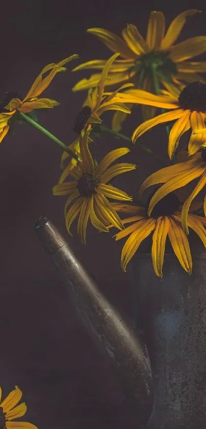 Yellow sunflowers in a vintage metal teapot on a dark background.