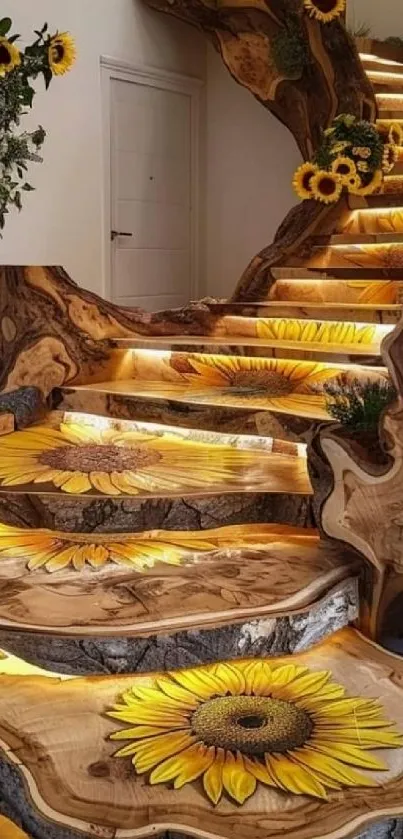 Rustic wooden staircase with sunflowers embedded, creating a warm, artistic look.