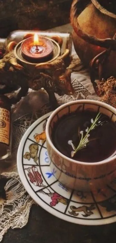 Rustic setting with tea cup and candle.