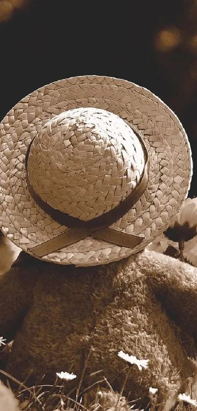 Teddy bear in straw hat sits outdoors in a sepia-toned wallpaper.