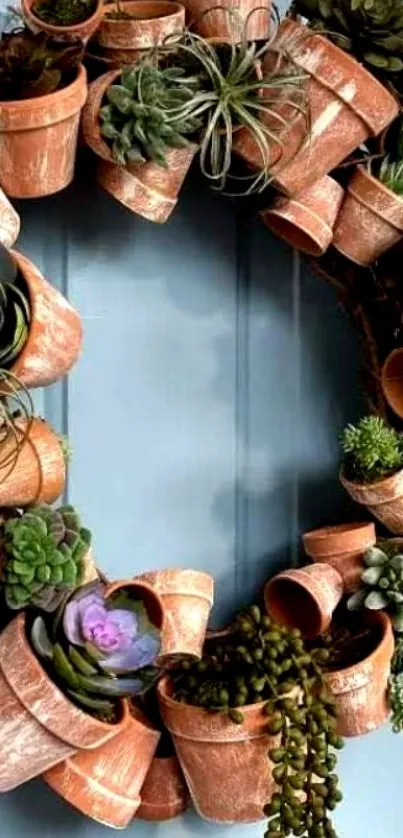 Rustic terra cotta wreath with succulents on blue background.