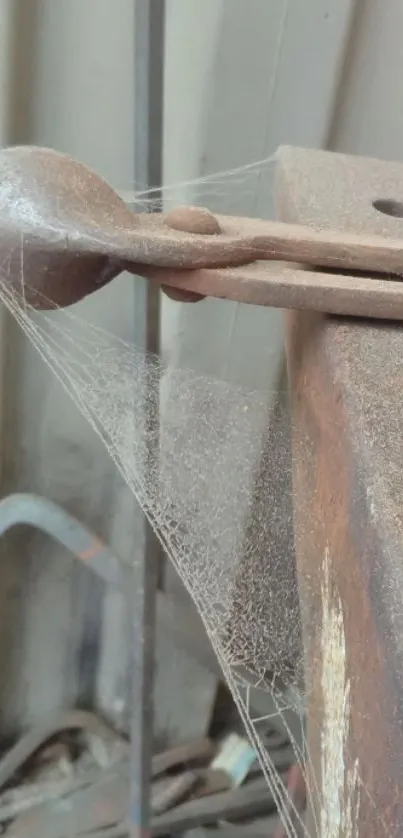 A rusted tool with cobweb detail on weathered metal.