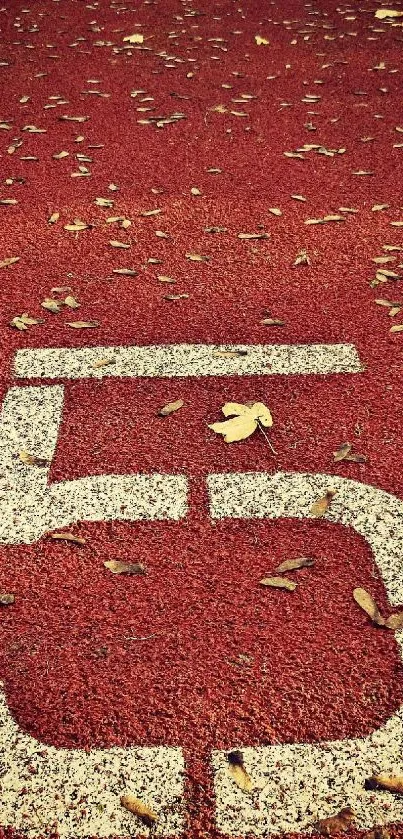 Reddish-brown track with number five and scattered autumn leaves.