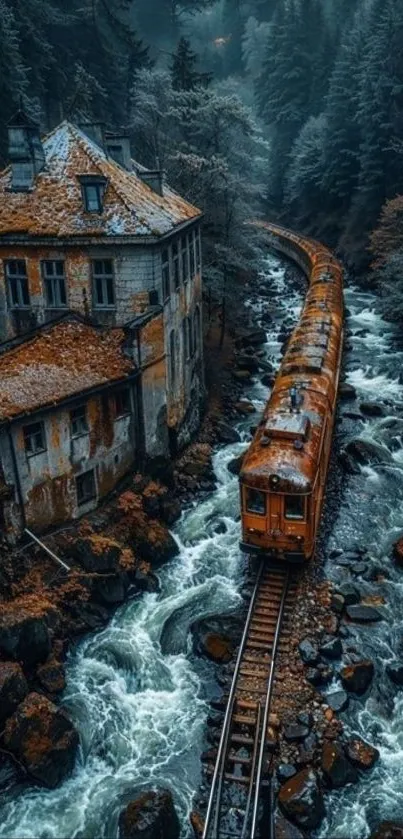 Rustic train travels by a scenic river through a forested landscape.