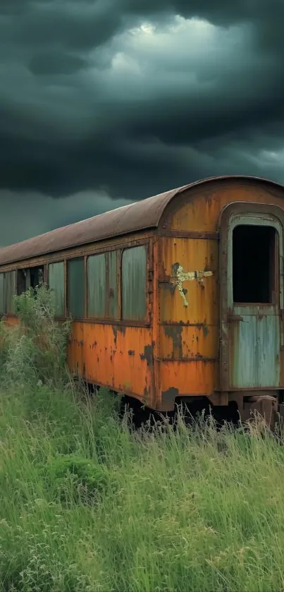 Rustic train car in lush landscape under stormy skies.