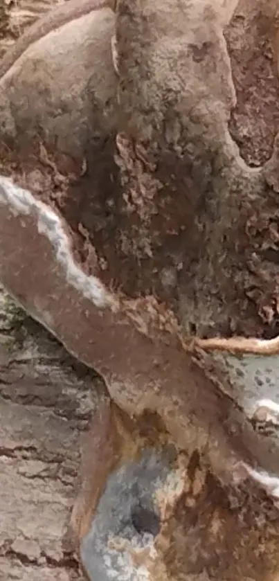 Close-up of rustic tree bark with mushrooms in earthy tones.