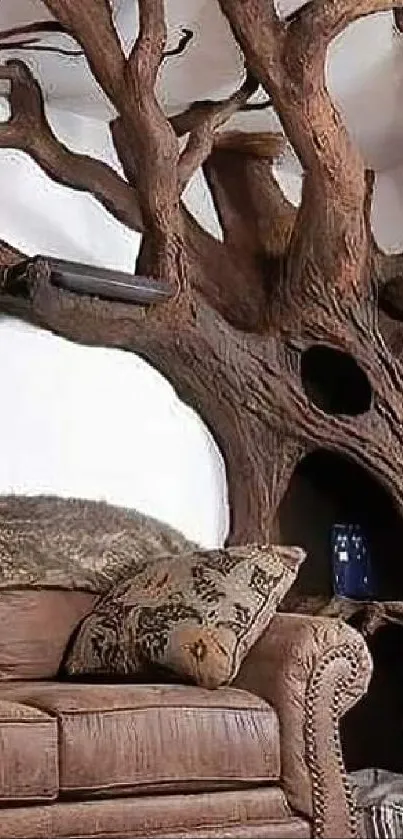 A rustic tree-themed living room with a cat resting on branches.