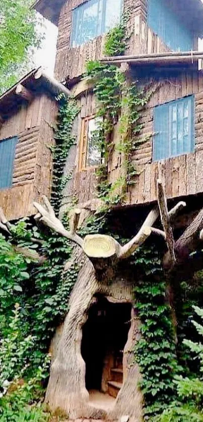 Rustic treehouse surrounded by greenery.