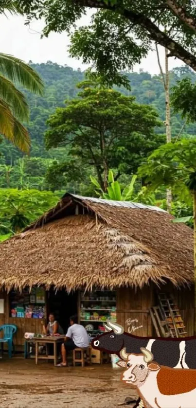 Thatched hut surrounded by lush greenery and trees.