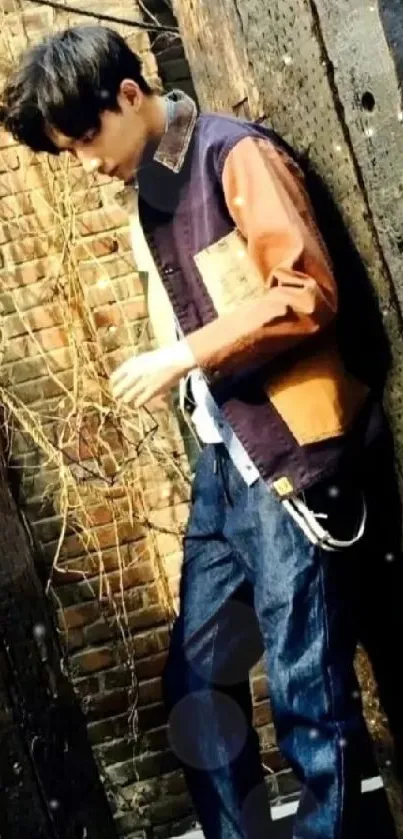 Man leaning against rustic wooden and brick wall in urban setting.