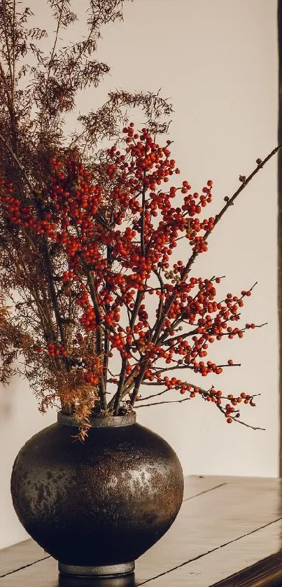 Rustic vase with red berries on table.
