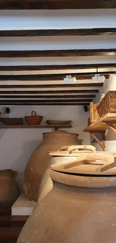 Rustic room with large vases and wooden beams.