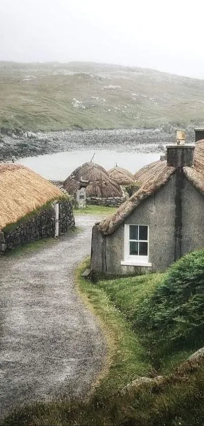 Scenic village with stone cottages by the sea.