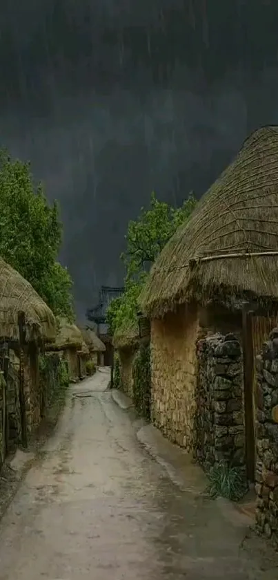 Scenic rustic village pathway with stone and thatched cottages under dark sky.