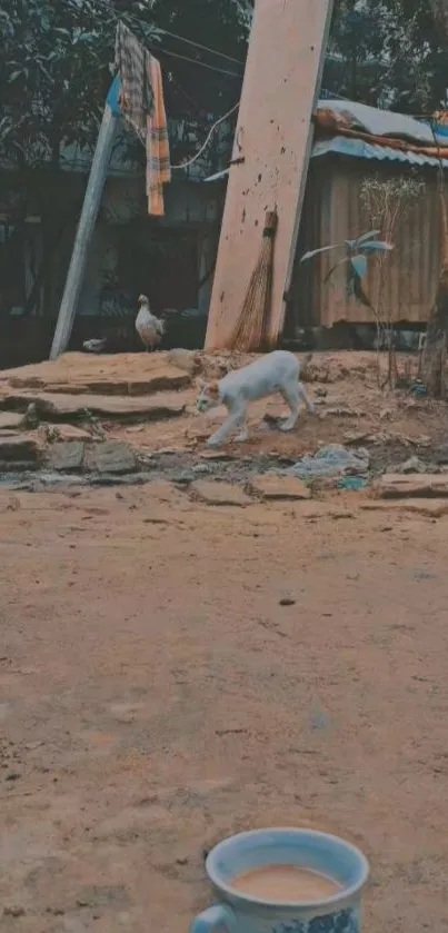 Serene rustic village scene with animal presence.