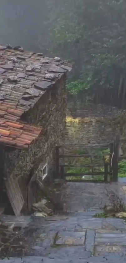 Rustic stone houses along a misty pathway in an ancient village.