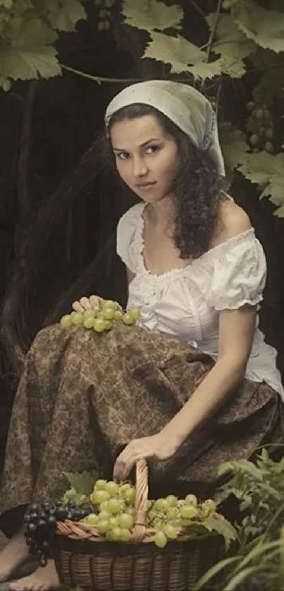 Woman in rustic vineyard setting holding grapes.