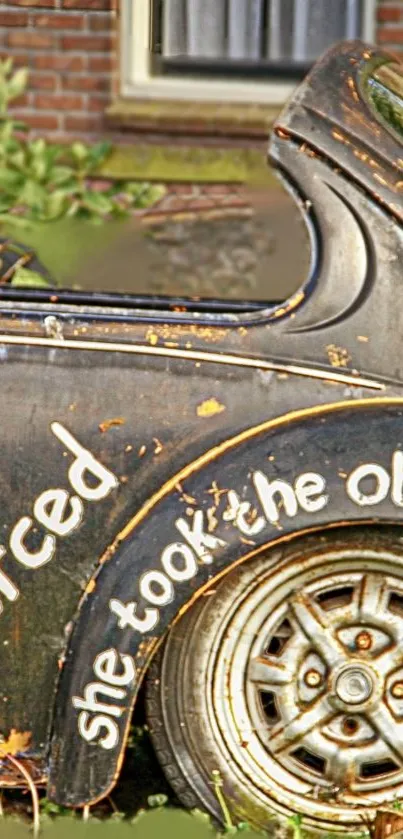 Rustic vintage car with weathered look against a brick wall background.