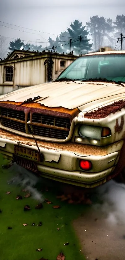 Rustic vintage car in an overgrown yard with misty background.