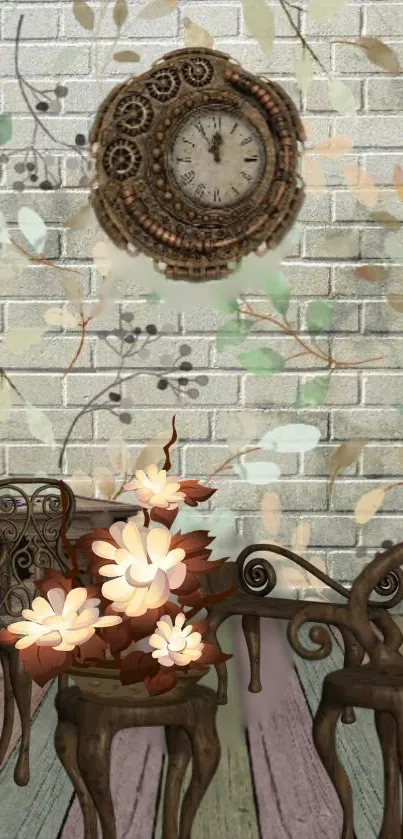 Vintage clock and floral design on rustic wallpaper with wooden chairs.