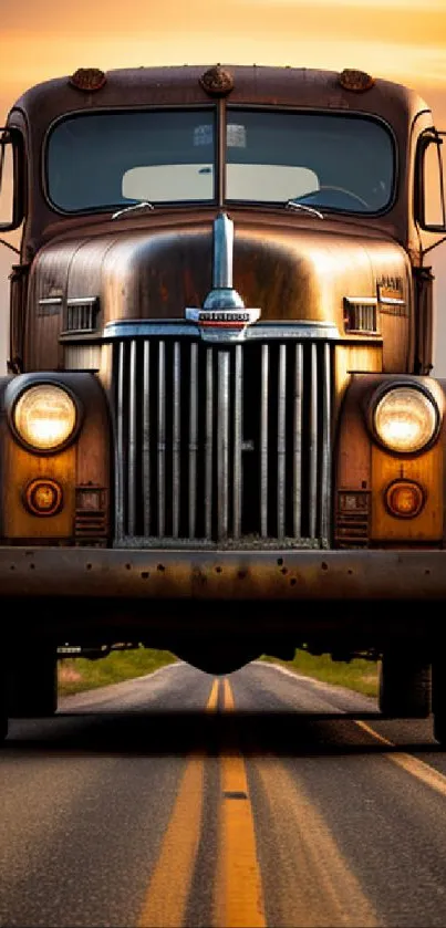 Rustic vintage truck on an open road at sunset, showcasing warm, earthy tones.