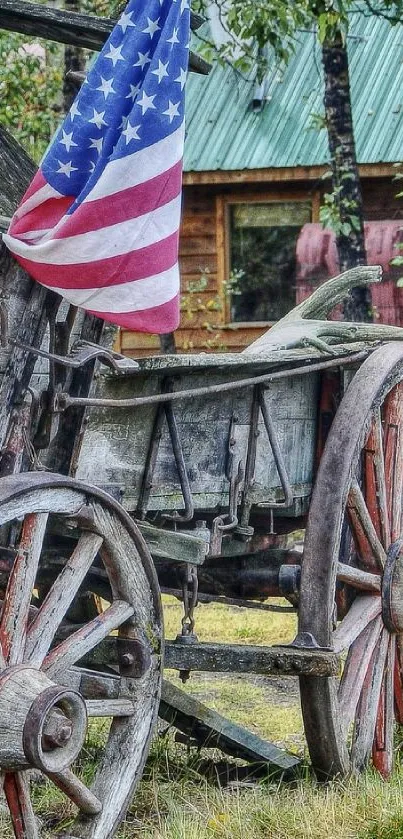 Rustic wooden wagon with American flag in natural setting.