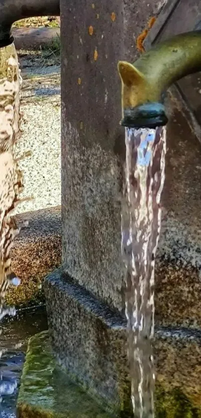 Rustic fountain with flowing water in a natural setting.