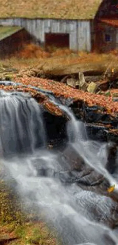 Beautiful autumn waterfall with rustic barn backdrop.