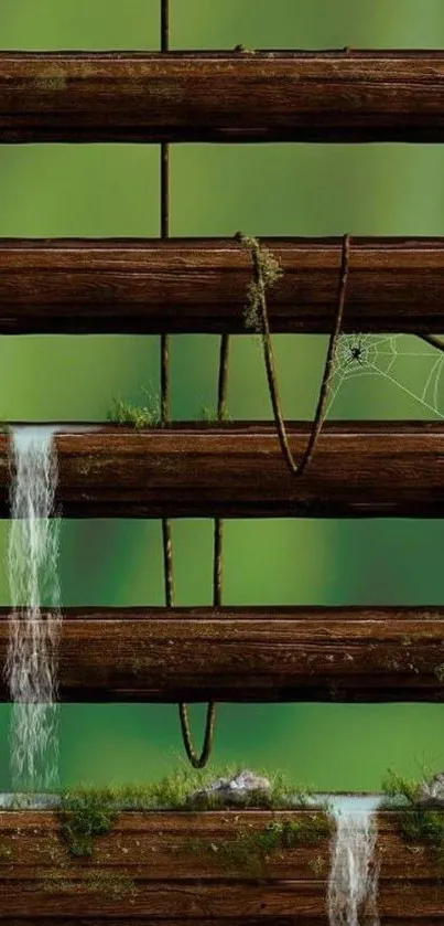 Rustic wooden planks with greenery and waterfalls in nature wallpaper.