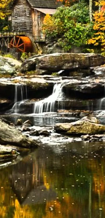 Rustic watermill with autumn foliage and waterfalls in a peaceful scene.