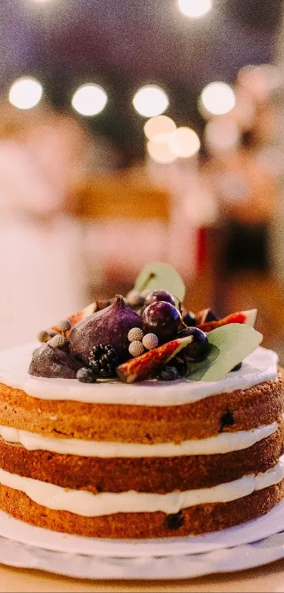 Rustic wedding cake with figs and bokeh lights.