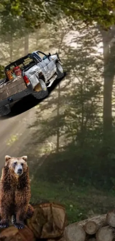 Wilderness wallpaper with truck and bear in forest setting.