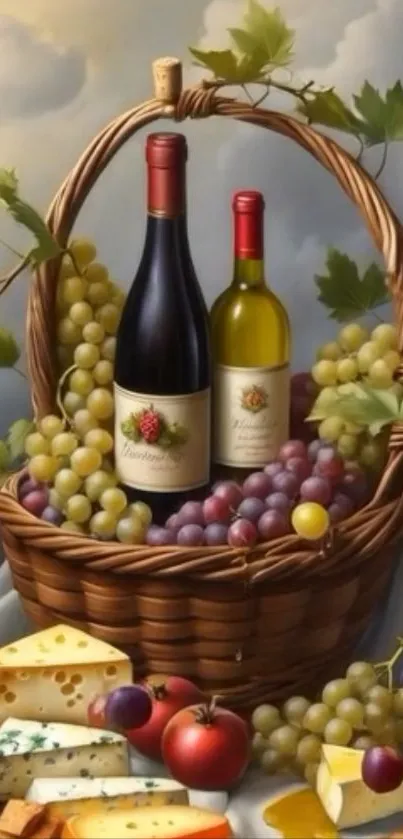 Rustic basket with wine, grapes, and cheese.