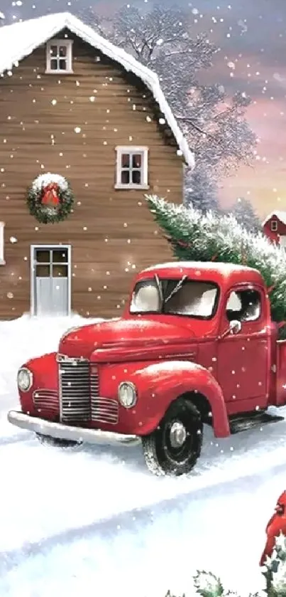 Red truck and barn in snowy Christmas setting with trees.
