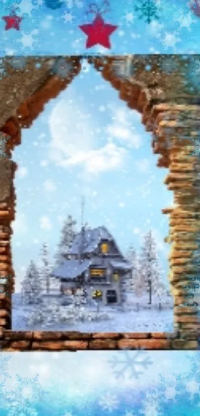 Rustic winter cabin viewed through a stone arch amidst snow-covered trees.