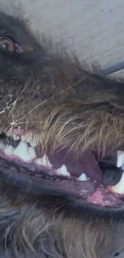 Close-up of a wolf's face with detailed fur and fangs.