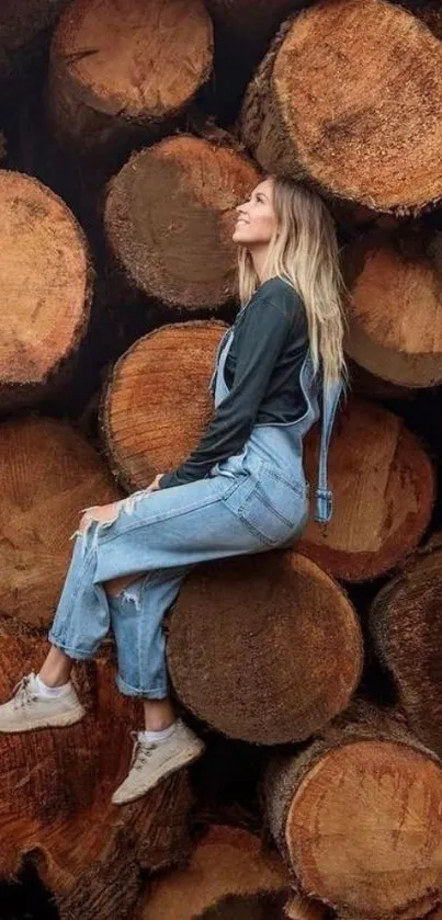 Woman in denim sitting on stacked logs with a rustic backdrop.