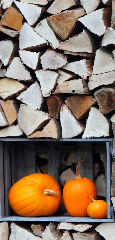 Rustic wood log wall with pumpkins in crates.