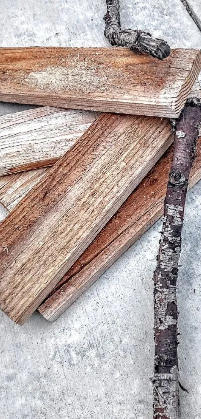 Rustic wallpaper with wood planks and stick on a light gray background.