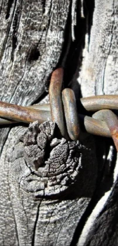 Close-up of rustic wood with rusted barbed wire.