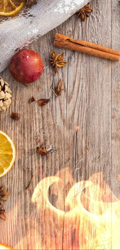 Rustic wood autumn wallpaper with dried fruits and spices for mobile screen.