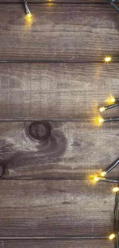 Rustic wallpaper with string lights on wood panels, cozy ambiance.