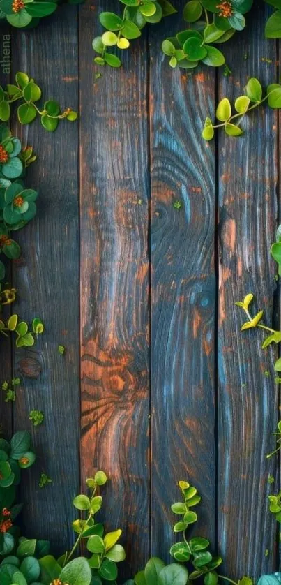Rustic wooden board with green foliage.