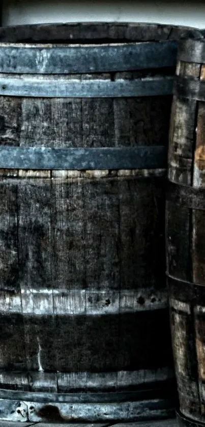 Rustic wooden barrels with vintage texture.