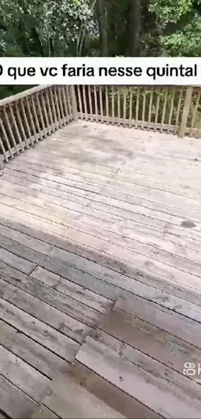 Rustic wooden deck surrounded by greenery.