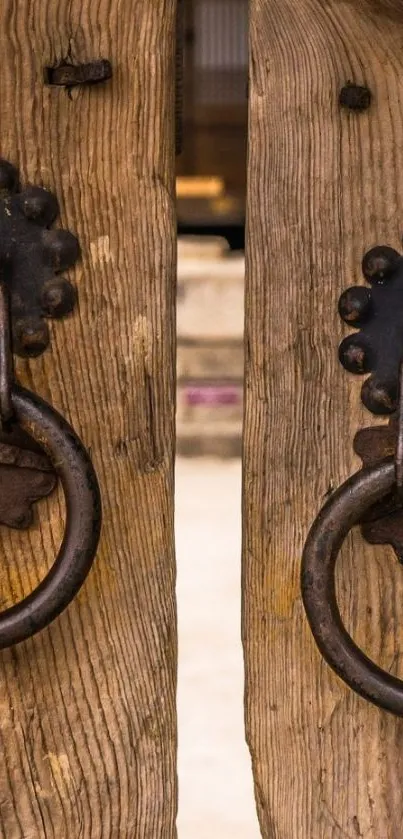 Rustic wooden door with iron handles wallpaper.