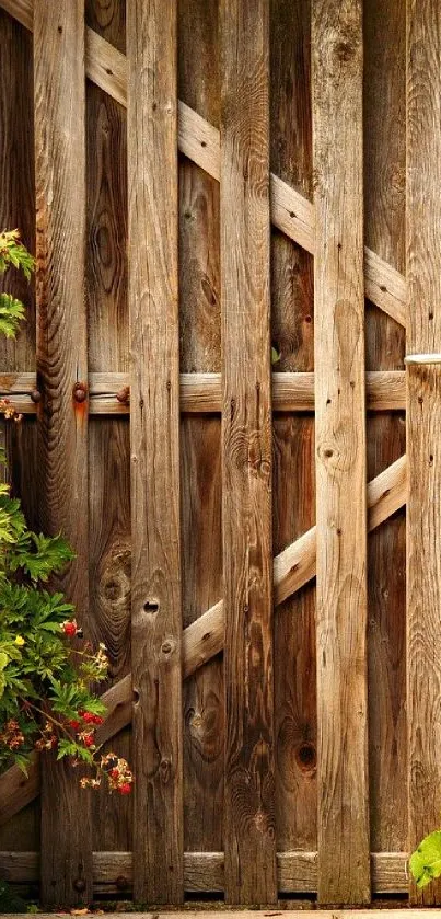 Rustic wooden gate with vibrant garden accents.